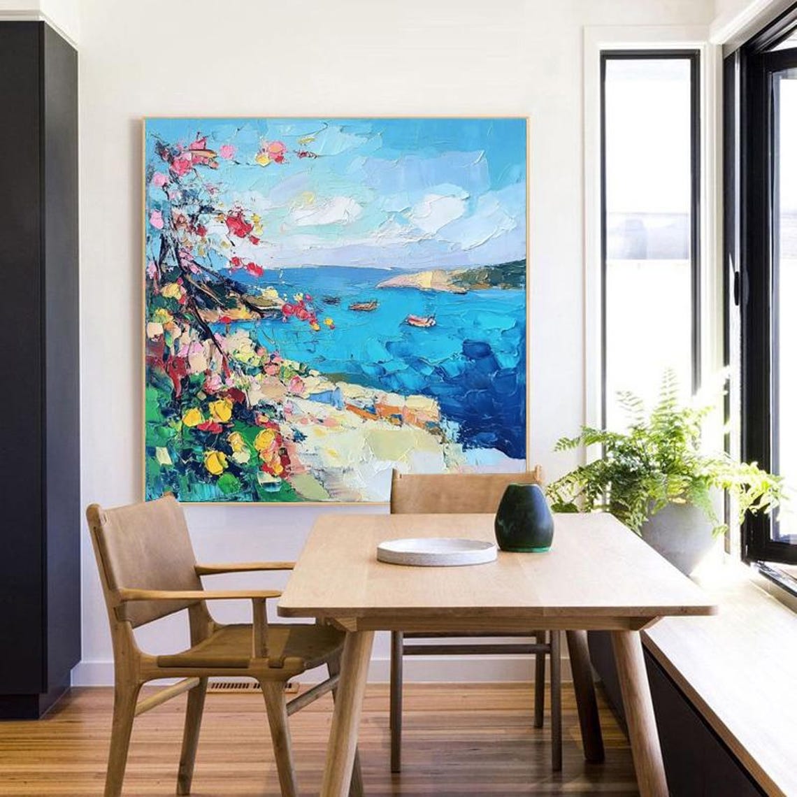 Mediterranean Coast With Blue Sea Flowering Tree Scene Painting Poster - Image 5