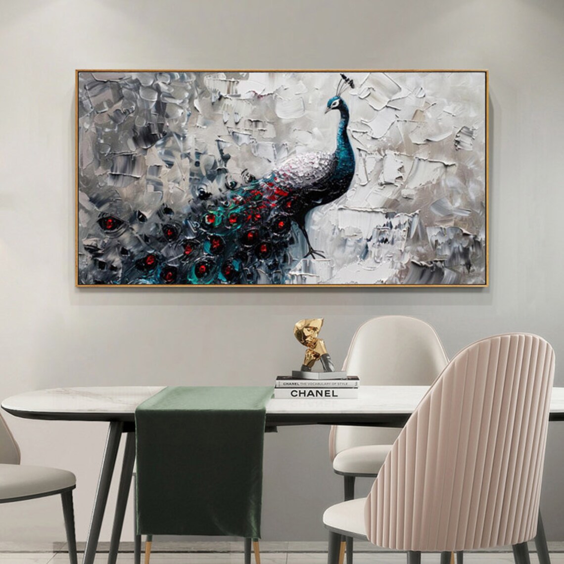 Peacock Oil Painting, Grey Background Art Print - Image 2