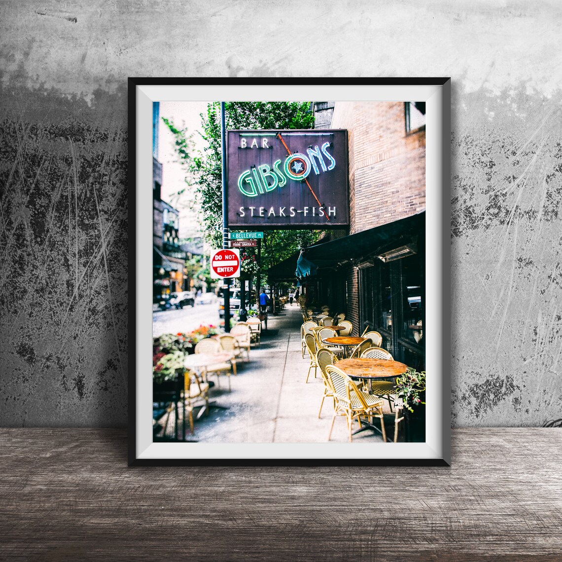 Gibsons Bar Steaks Fish Neon Sign Sidewalk Patio Chicago Poster