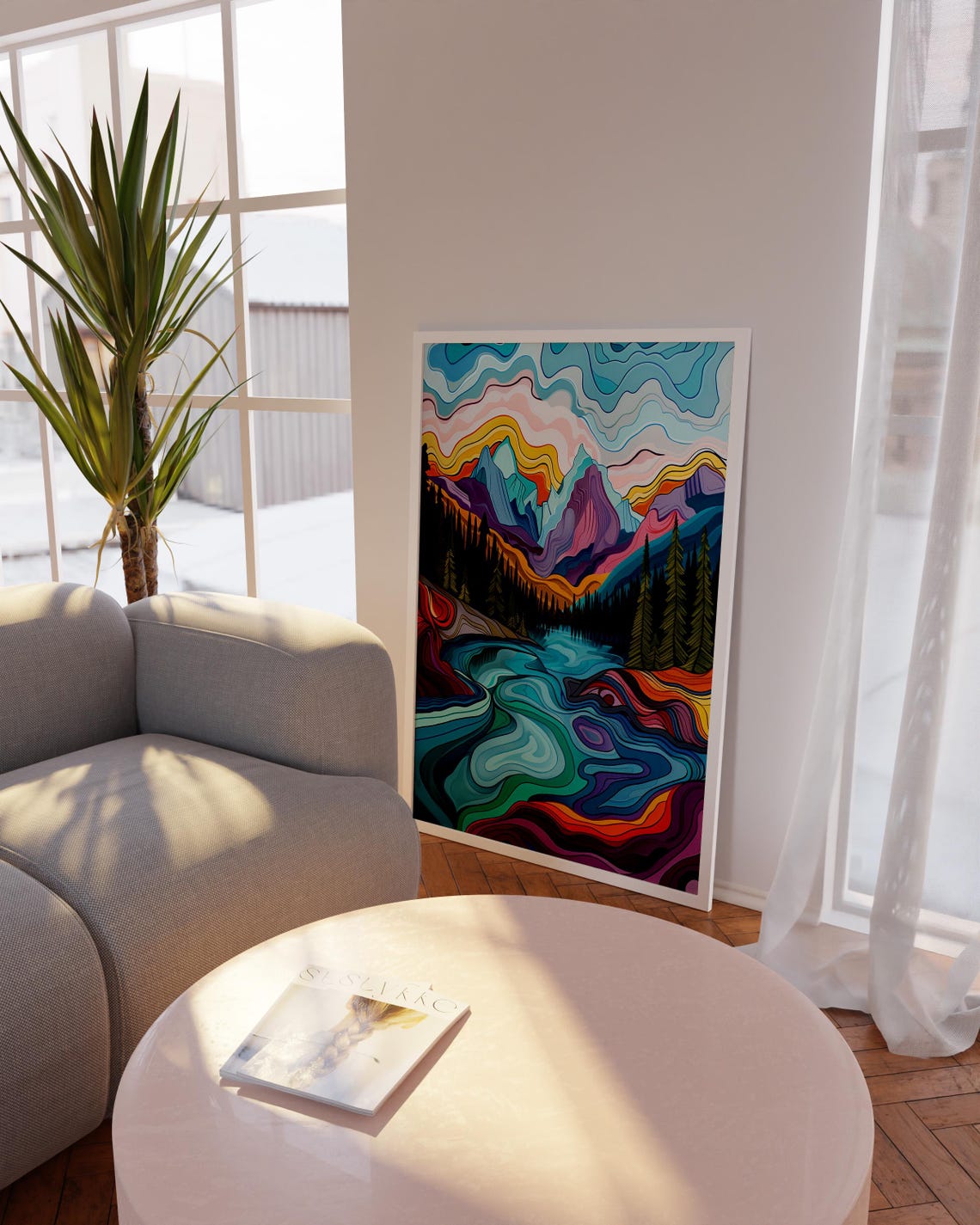 Colorful Psychedelic Mountain Landscape Swirling River Art Poster