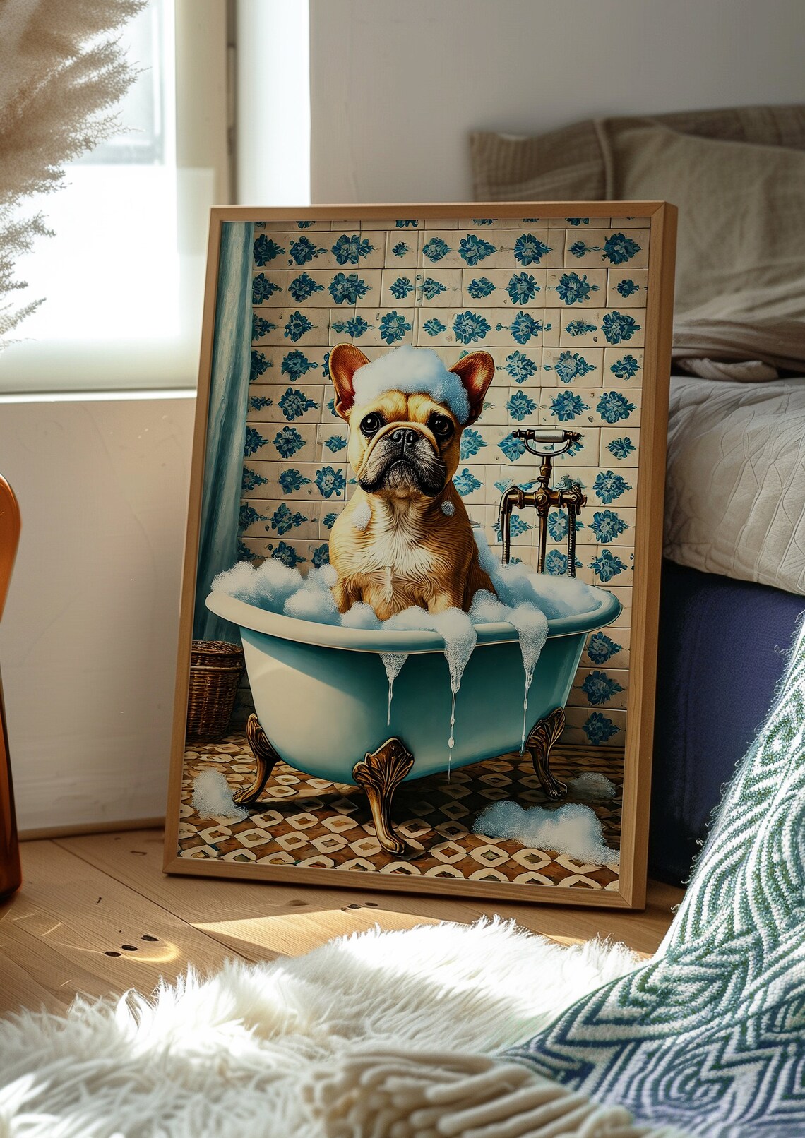 Cute French Bulldog Puppy in a Bubble Bath Funny Bathroom Wall Art - Image 2