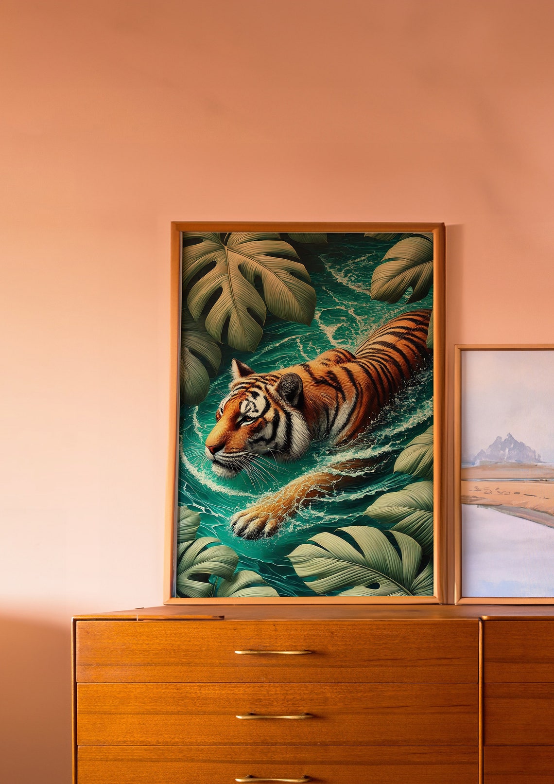 Tiger Swimming Through Turquoise Jungle Water Wildlife Art Poster - Image 2