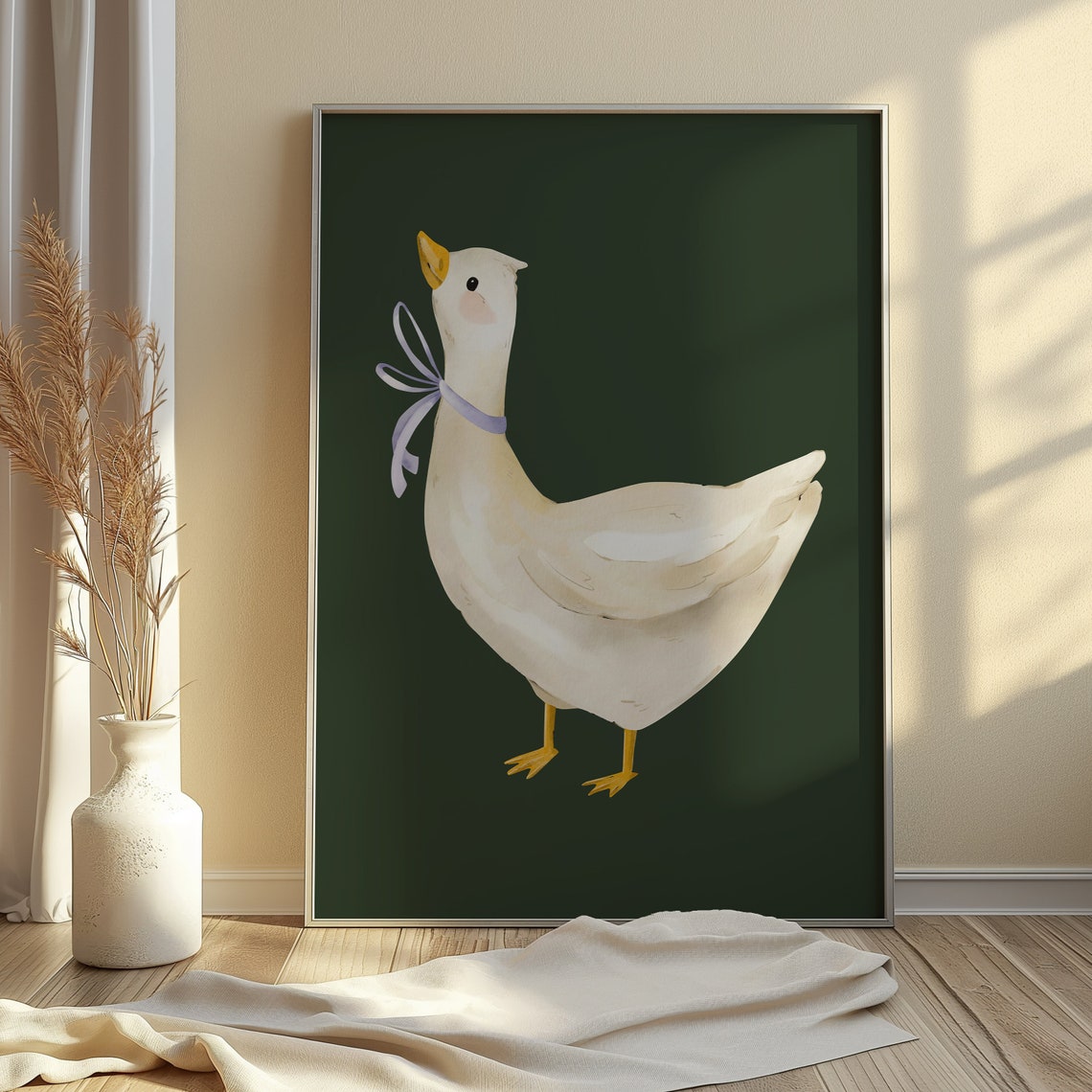 Silly White Goose with Lavender Bow Cute Watercolor Animal Poster - Image 3