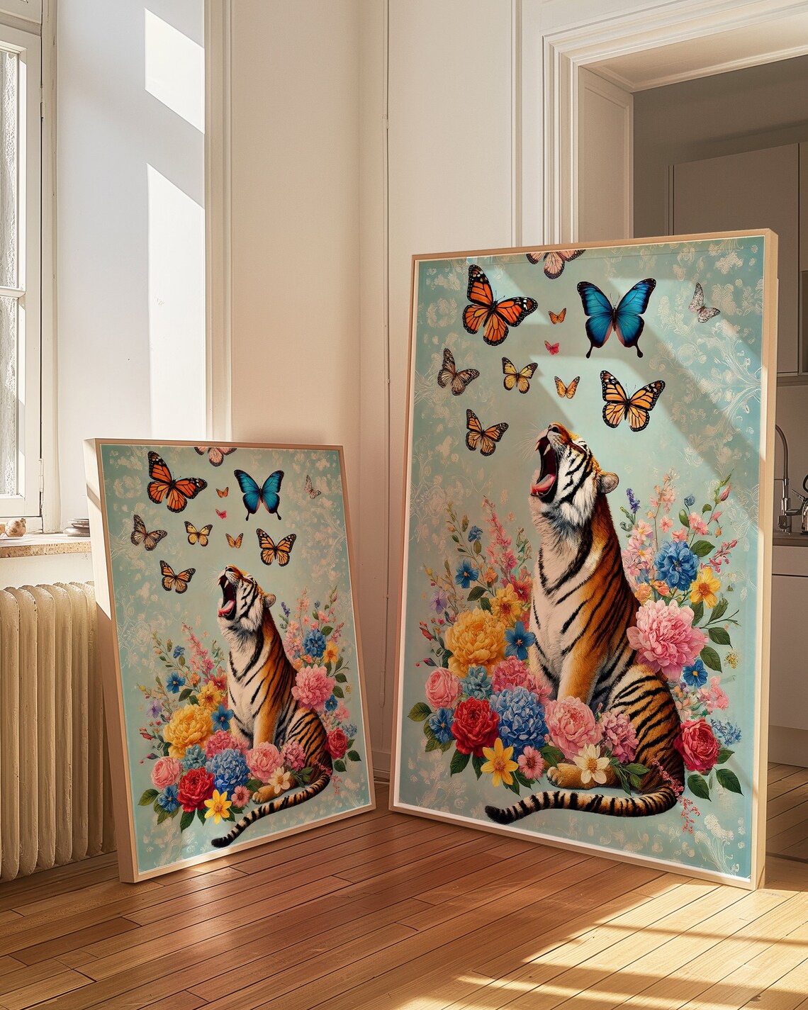 Yawning Tiger Roaring Among Butterflies And Colorful Flowers Poster - Image 3