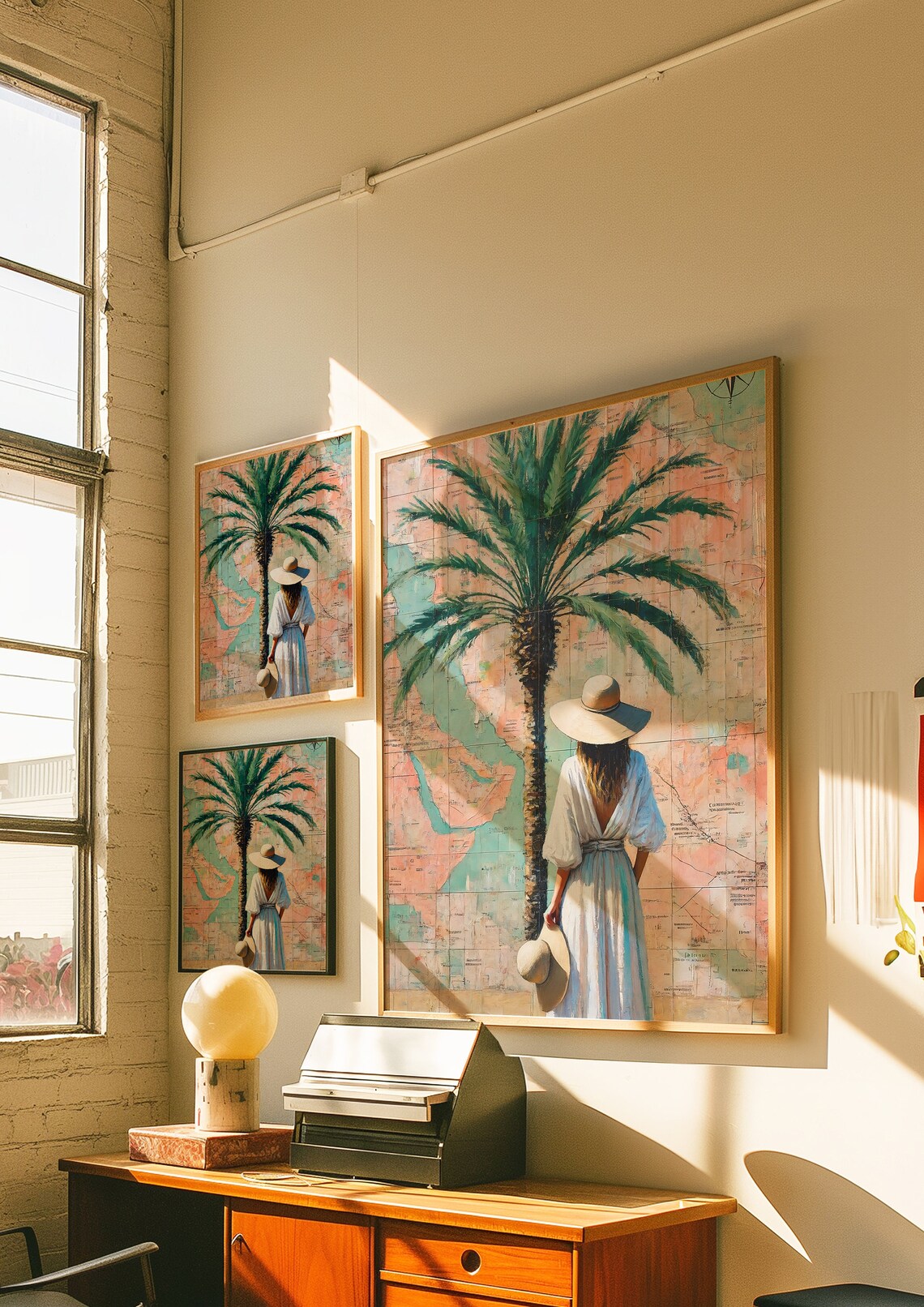 Woman Sun Hat Palm Tree Vintage Map Wanderlust Travel Poster - Image 2