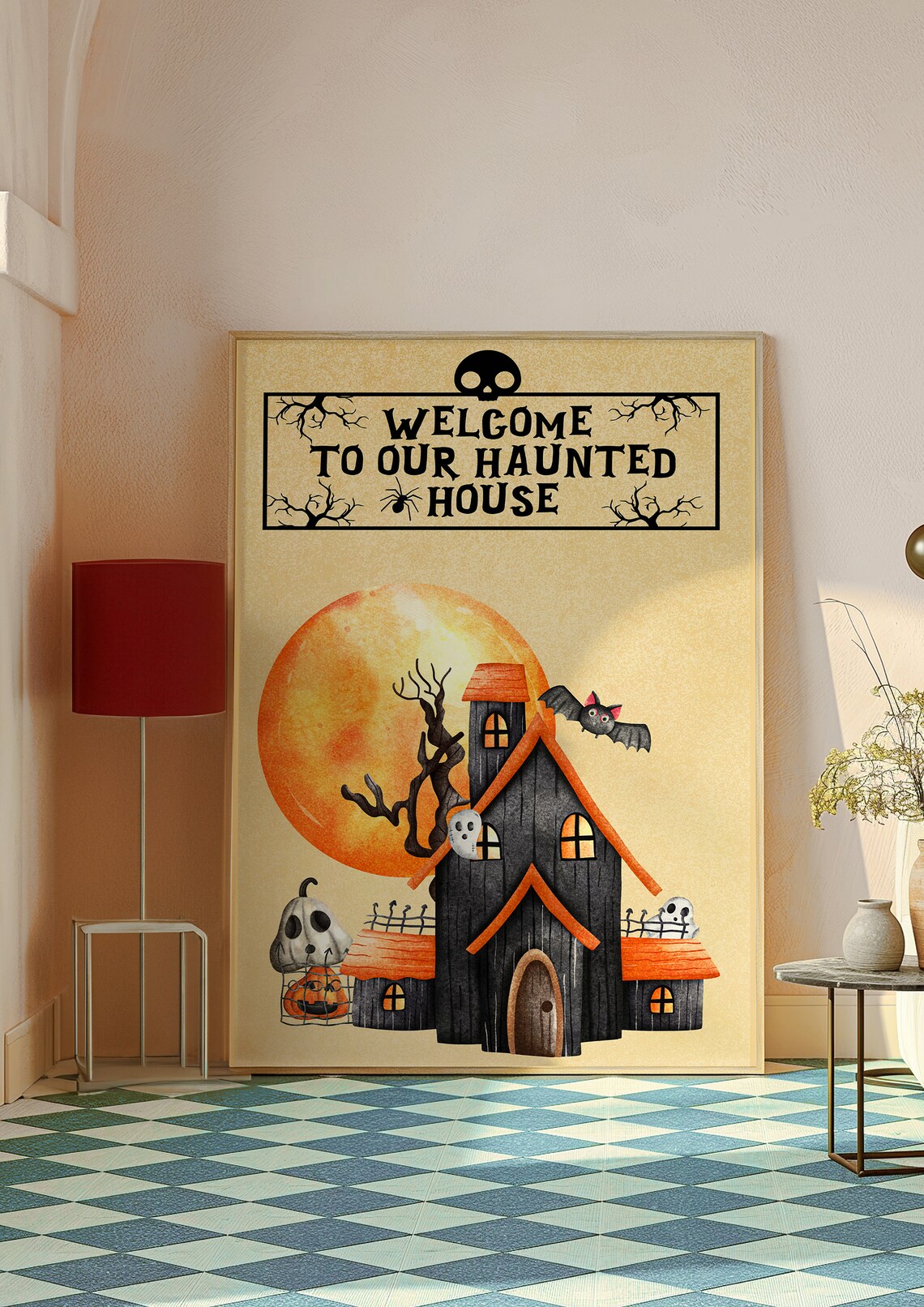 Welcome To Our Haunted House Moon Bat Cartoon Cute Halloween Poster - Image 4