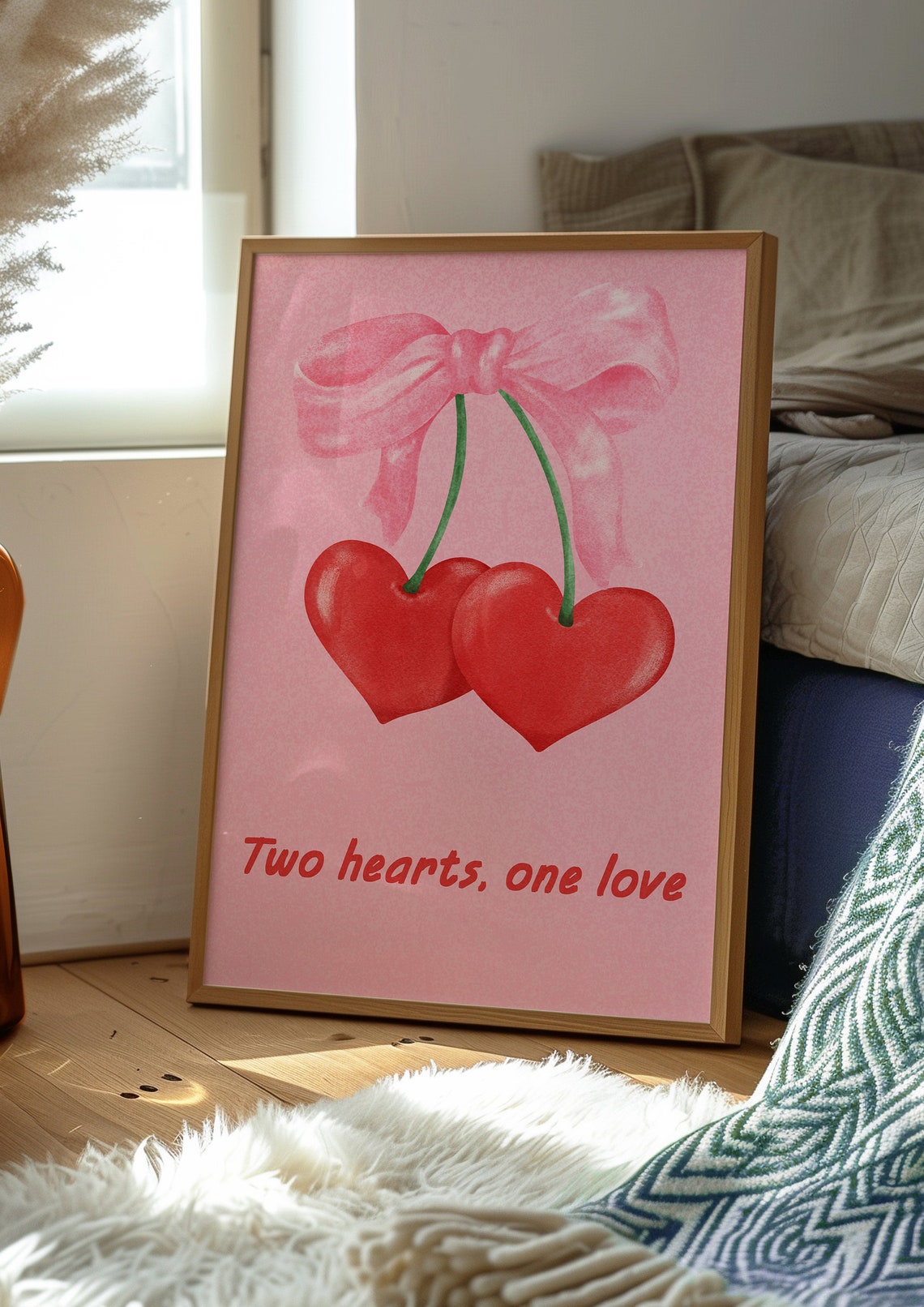 Two Hearts One Love Cherry Bow Pink Romantic Coquette Wall Art - Image 2
