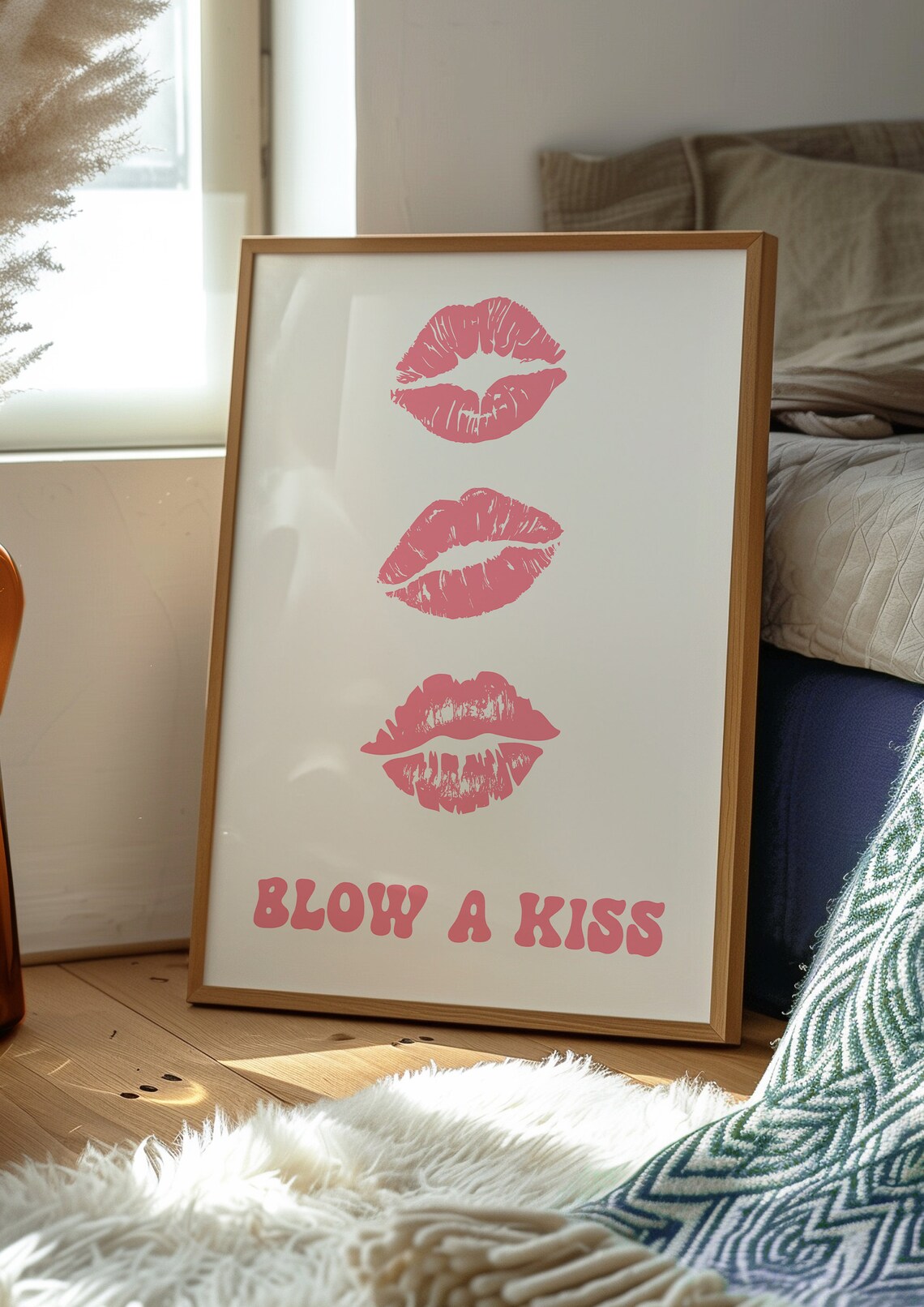 Blow a Kiss Pink Lipstick Kisses Retro Typography Trendy Wall Art - Image 2