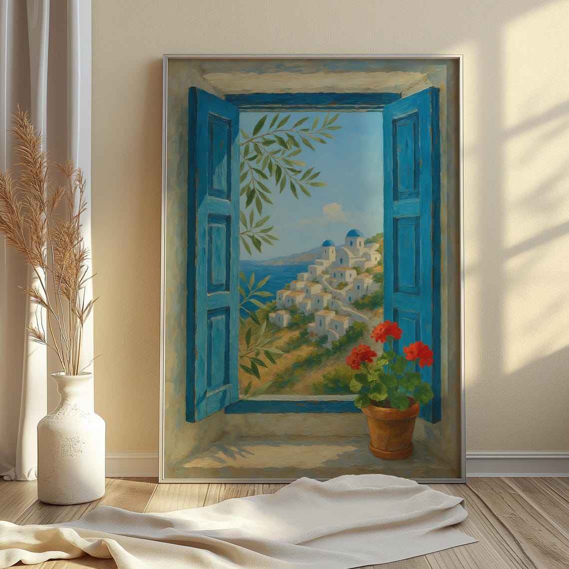 Blue Shutters Santorini Greece View Mediterranean Window Poster - Image 3