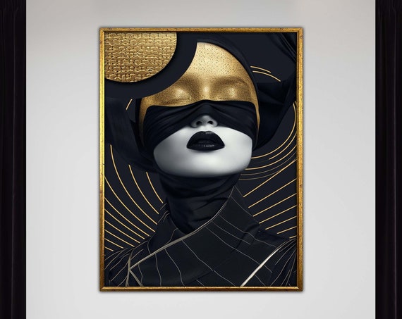 Golden Masked Woman Canvas Abstract Blackgold Female Portrait Mysterious Fashion Artwork Contemporary Glam Wall Art Print