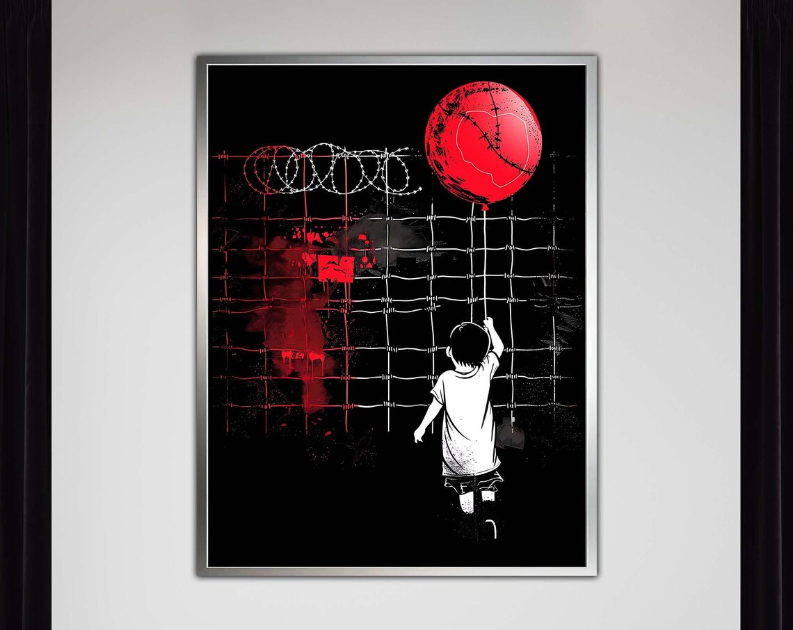 Lonely Child Red Heart Balloon Barbed Wire Symbolic Street Art Print