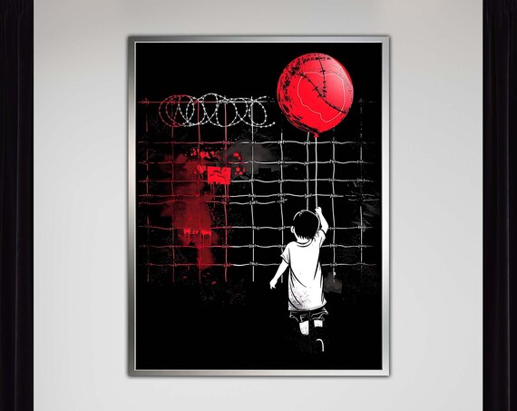 Lonely Child Red Heart Balloon Barbed Wire Symbolic Street Art Print