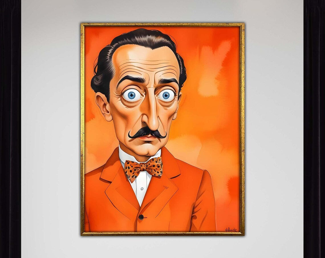 Salvador Dali Surreal Caricature Portrait Orange Suit Art Poster