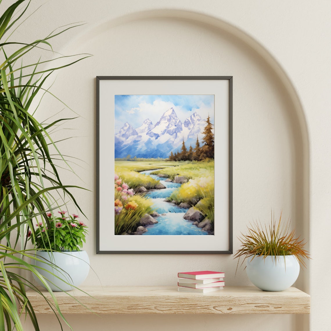 Snowy Mountain Peaks Wildflower Meadow Stream Watercolor Poster - Image 3