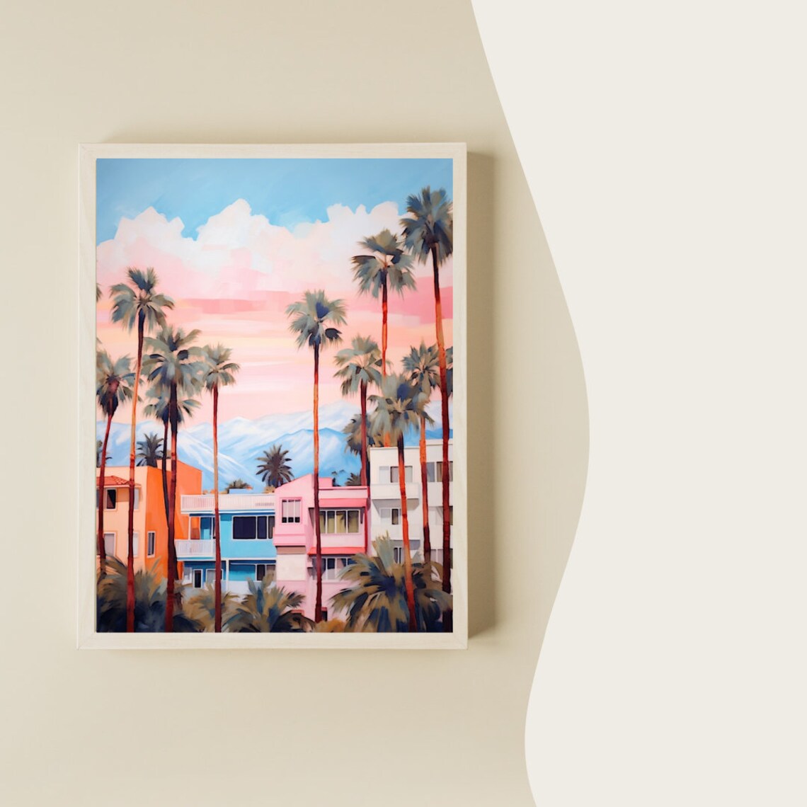 Pastel Palm Trees Over Colorful Beach Houses at Sunset Poster - Image 2