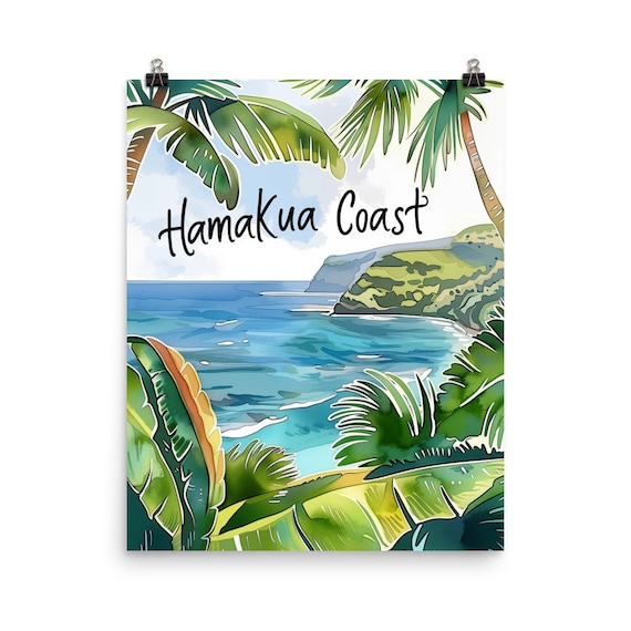 Hamakua Coast Hawaii Watercolor Poster With Palm Trees And Turquoise Waves