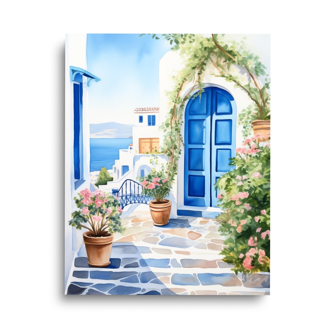 Santorini Greek Door Watercolor Art Print, Coastal Greece