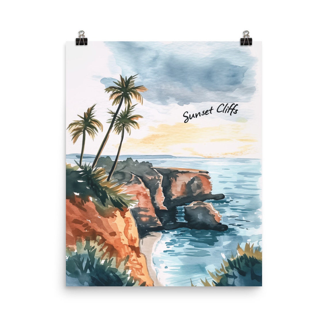 Sunset Cliffs Ocean Palms San Diego Coastline Watercolor Poster