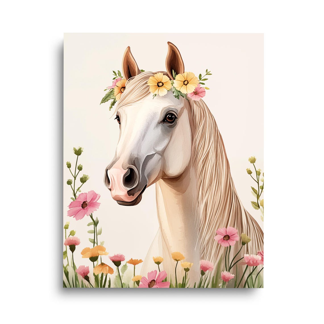 White Arabian Horse Floral Crown Wildflower Meadow Portrait Print