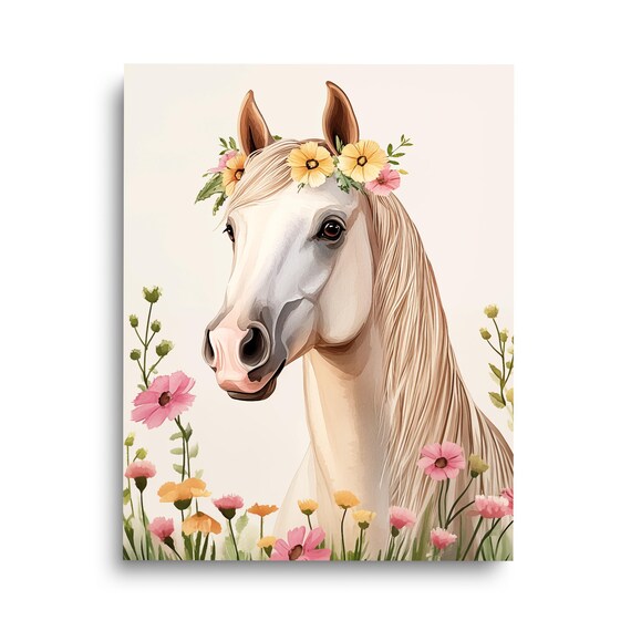 Arabian White Horse Watercolor Print Equine Wall Art Equestrian Animal Nursery Decor Wildlife Portrait Floral Stallion Artwork