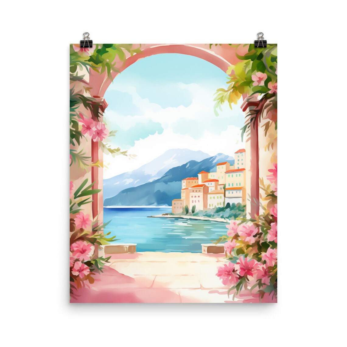 Lake Annecy Floral Arch View over Lakeside Village Watercolor Poster