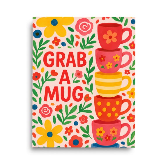 Grab A Mug Watercolor Print Coffee Wall Art Cafe Decor Caffeine Lover Artwork Gift For Her Breakfast Poster Floral