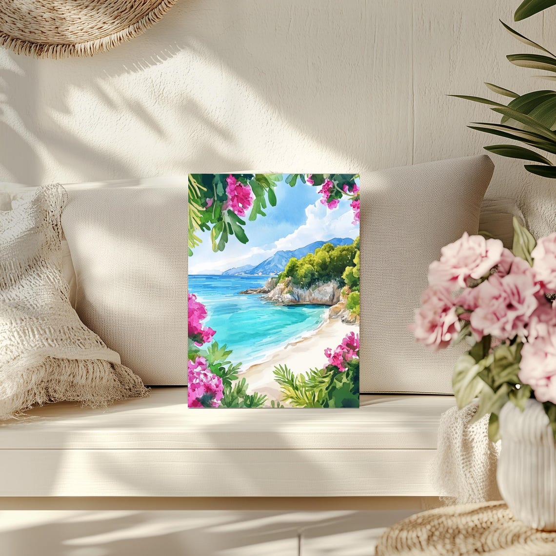 Paleokastritsa Corfu Beach Turquoise Cove Flowers Watercolor Poster