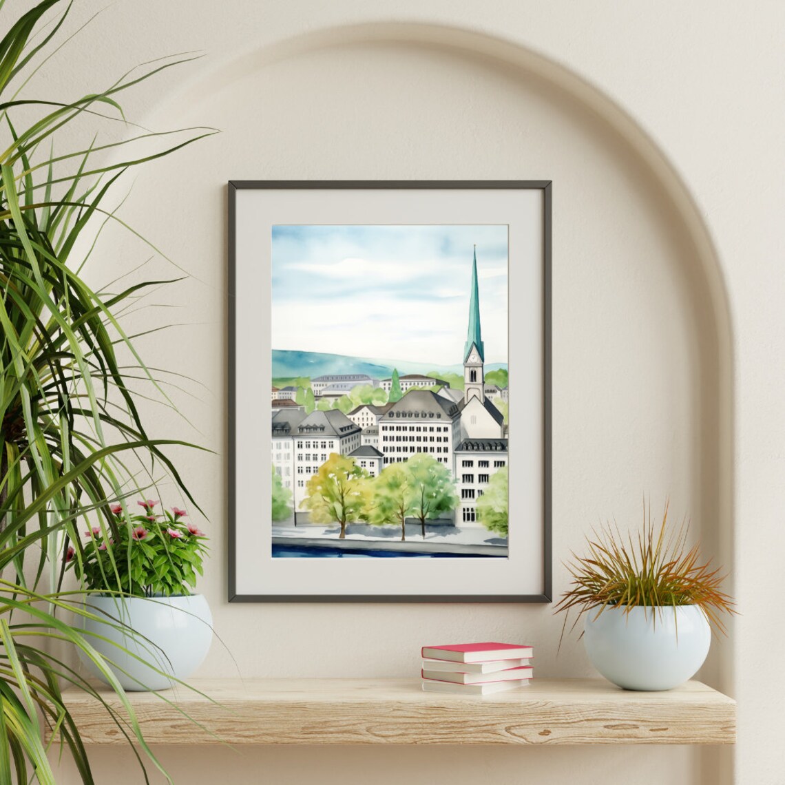 Zurich Old Town Church Spire Cityscape in Soft Daylight Watercolor Poster - Image 3
