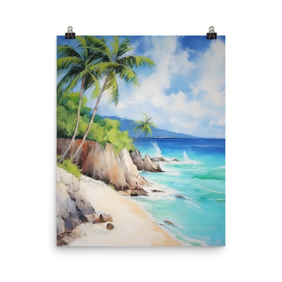Anse Source Dargent Watercolor Print Seychelles Travel Gift Africa Wall Art Tropical Beach Poster Turquoise Waters Palm Trees