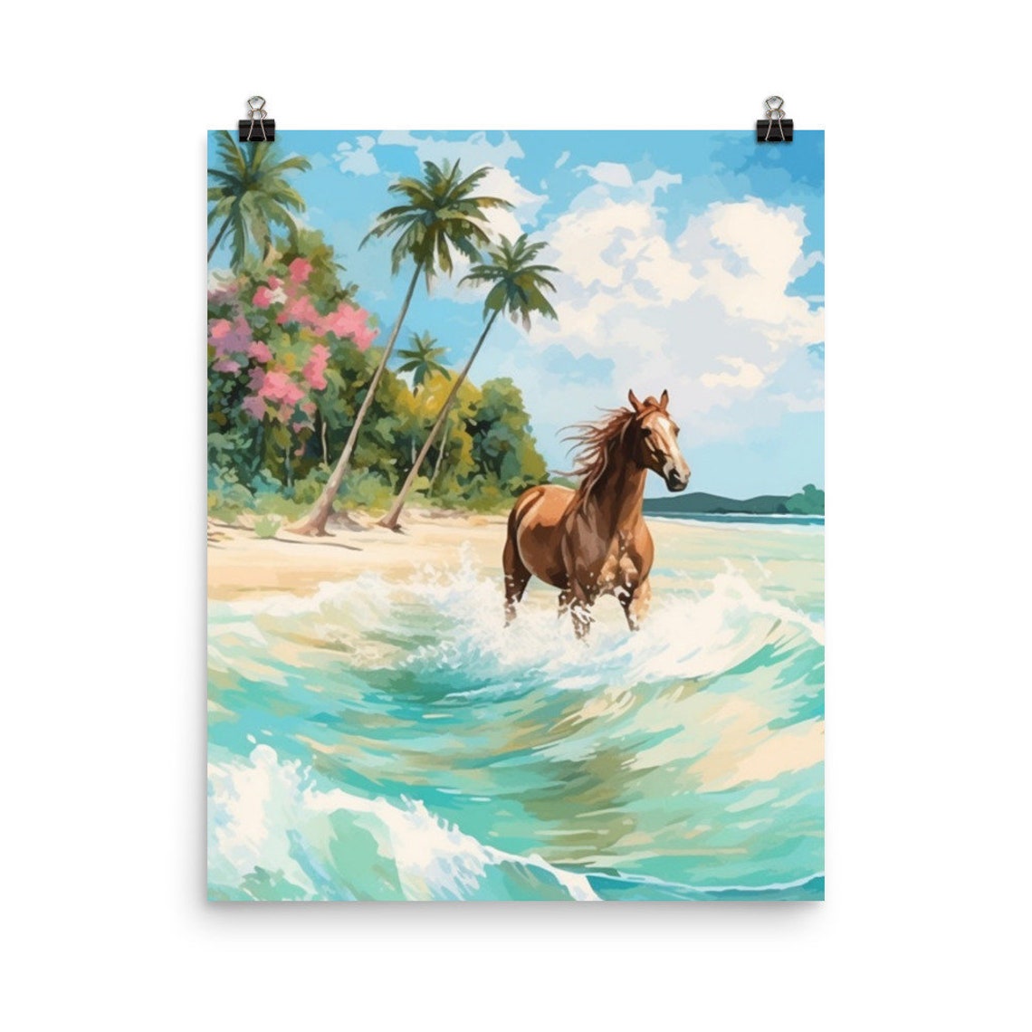 Horse Running in Ocean Surf Tropical Beach Watercolor Poster