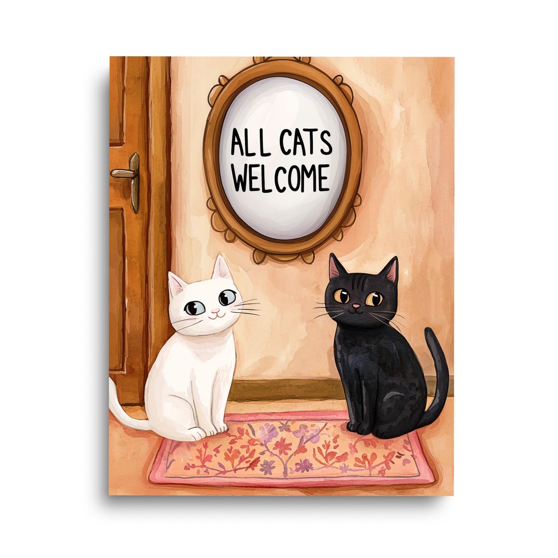 All Cats Welcome Watercolor Sign Cute Black White Cat Poster