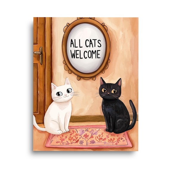 All Cats Welcome Watercolor Sign Cute Black White Cat Poster