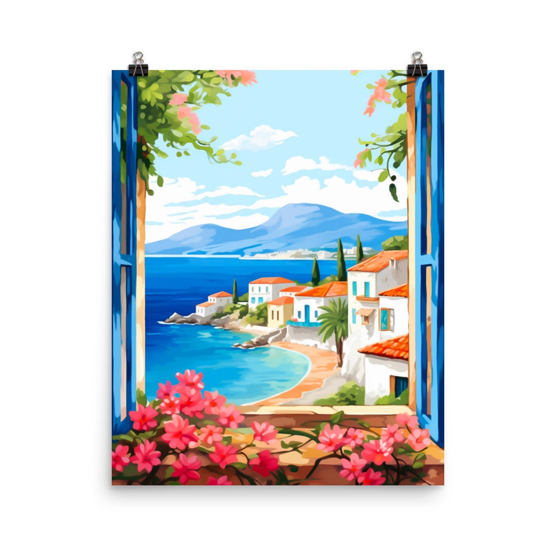 Lefkada Blue Shutter Coastal Village Sea View Watercolor Poster