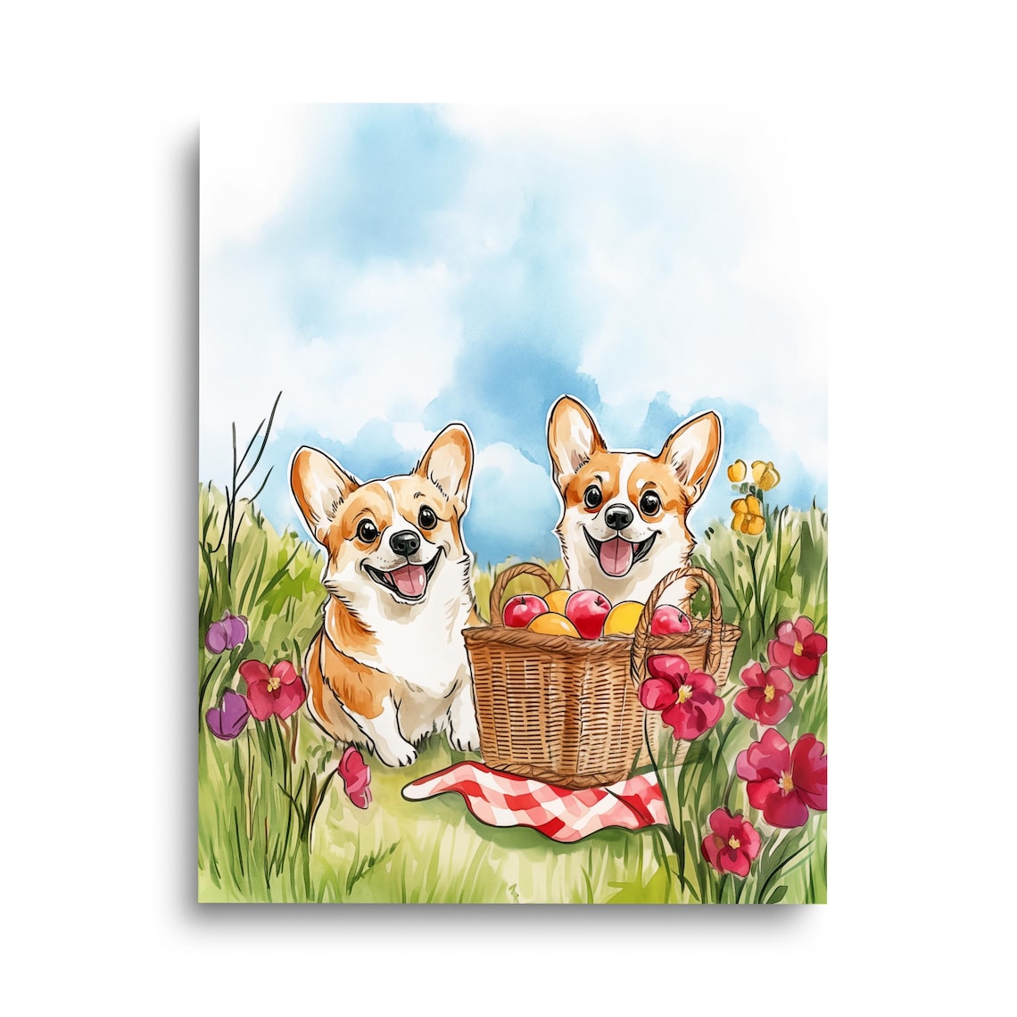 Happy Corgi Puppies Picnic Basket Wildflowers Watercolor Print