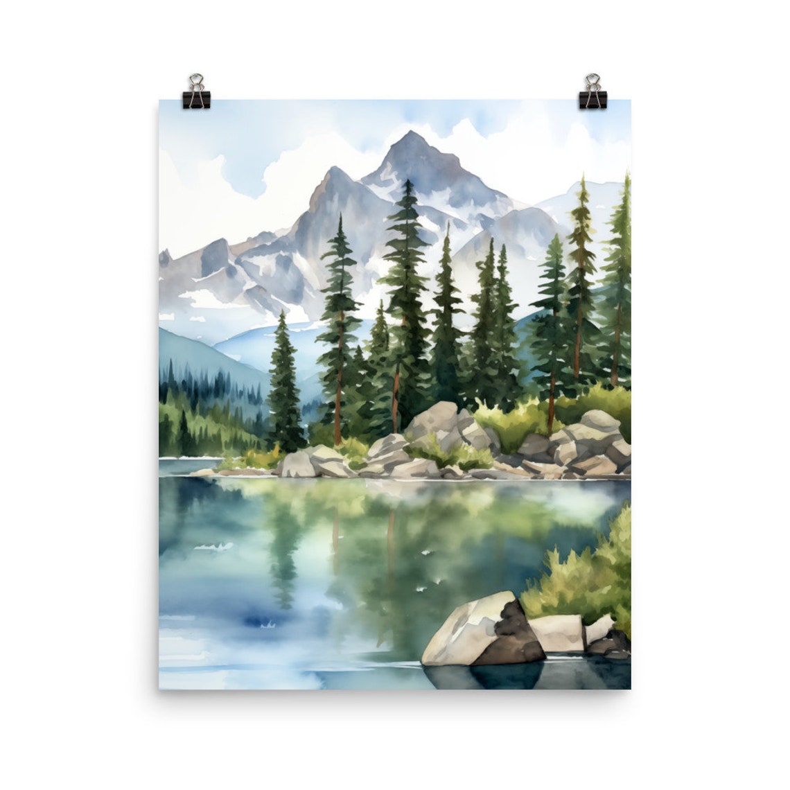 Idaho Rocky Mountains Lake Reflection Watercolor Landscape Poster