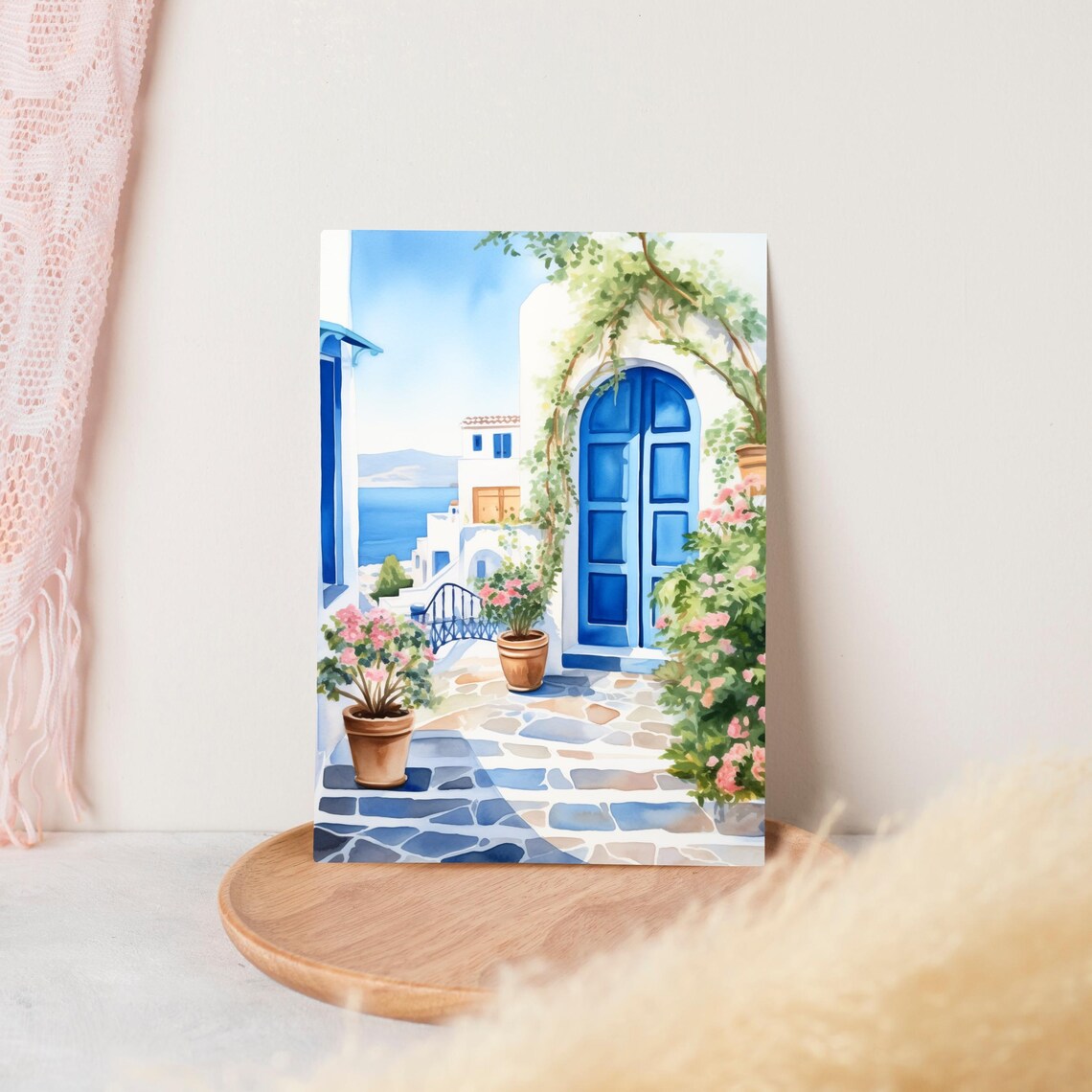 Santorini Greek Door Watercolor Art Print, Coastal Greece - Image 3