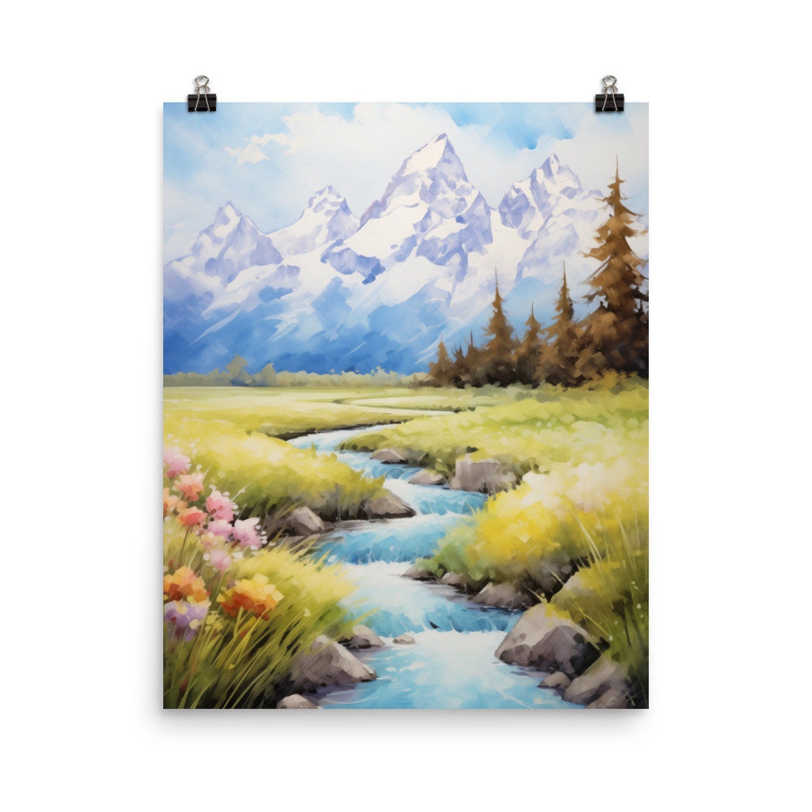 Snowy Mountain Peaks Wildflower Meadow Stream Watercolor Poster