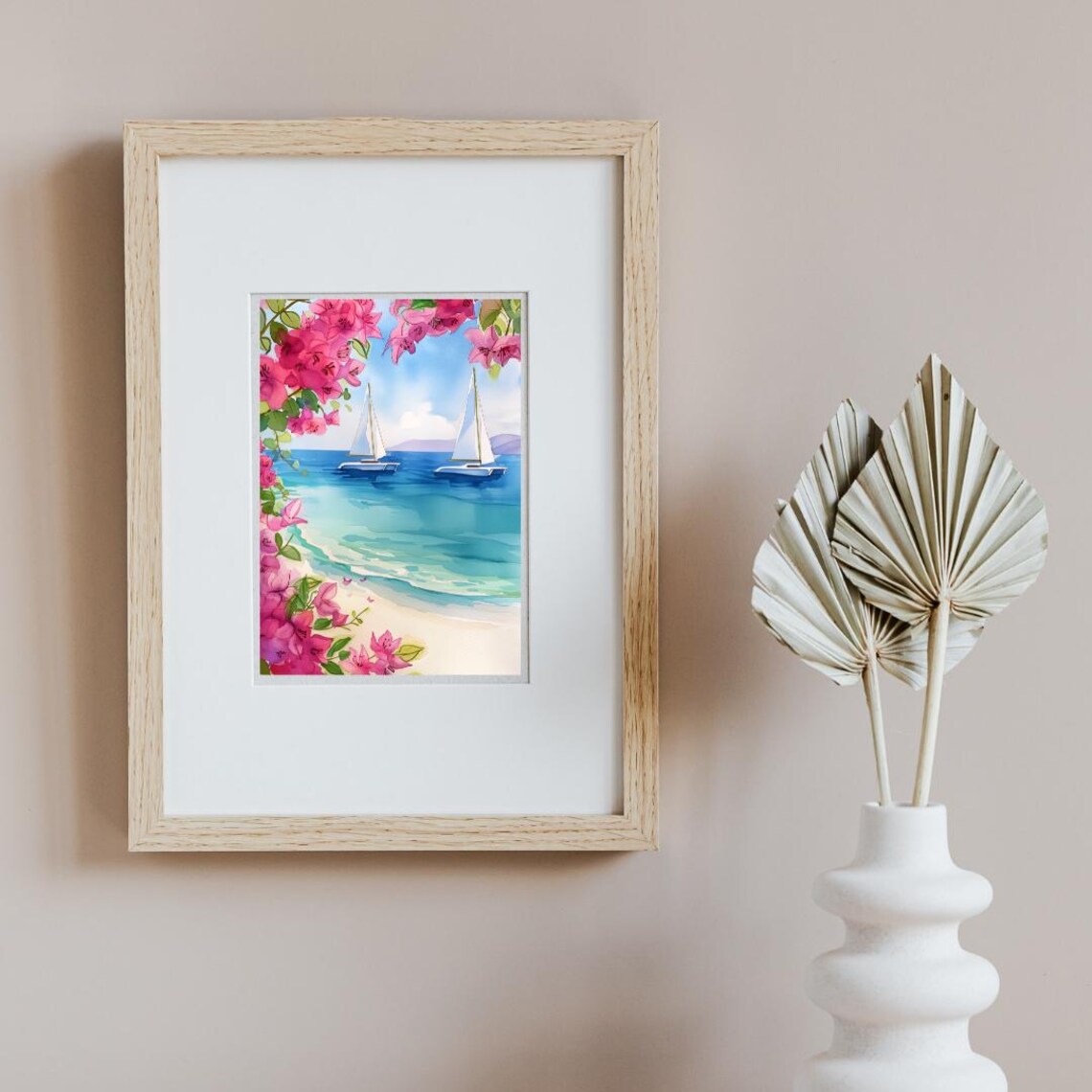 Twin Catamarans Anchored Under Pink Bougainvillea Watercolor Poster - Image 2