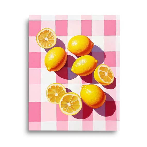 Retro Pink Lemons Print Lemon Wall Art Citrus Poster Kitchen Home Decor Dorm Room Artwork Fruit Checkered