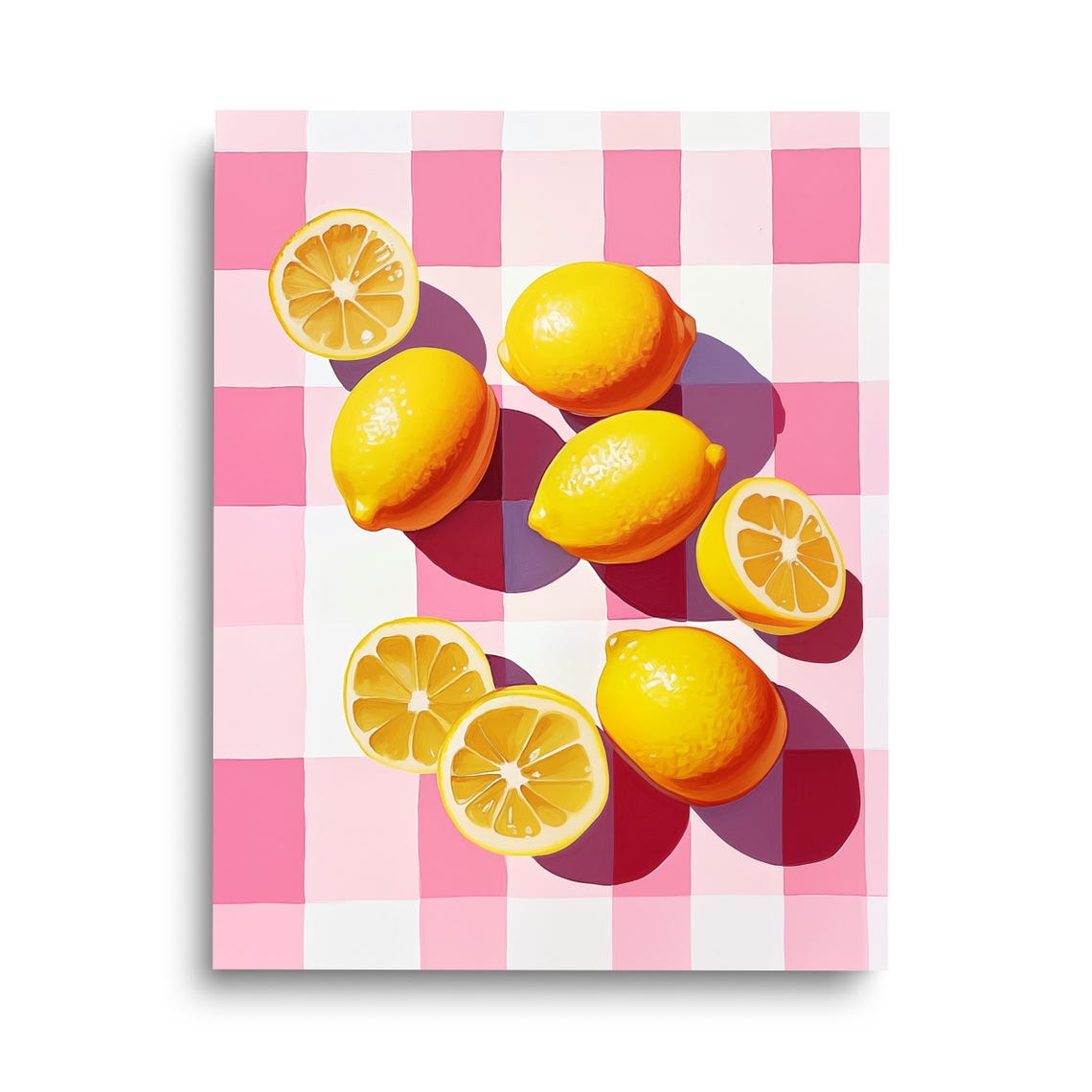 Retro Lemons on Pink Checkered Tablecloth Citrus Fruit Art Poster