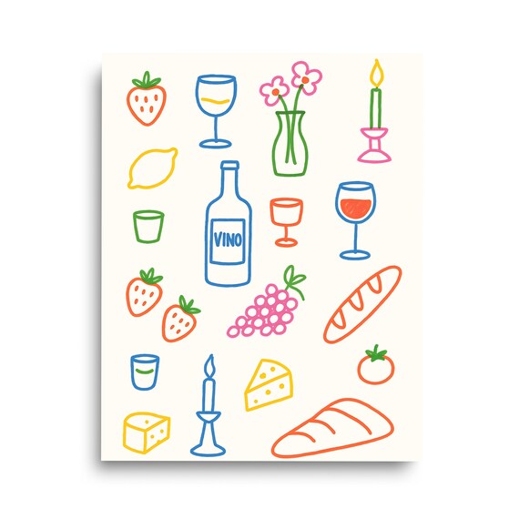 Colorful Dinner Doodles Wine And Cheese Party Kitchen Art Poster