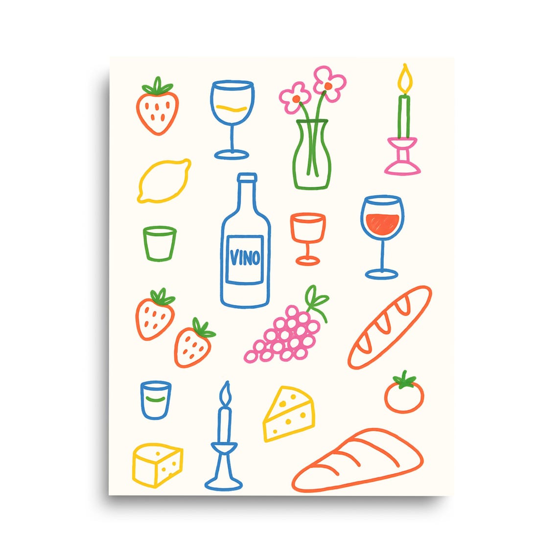 Colorful Dinner Doodles Wine And Cheese Party Kitchen Art Poster