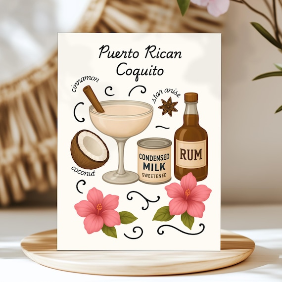 Puerto Rican Coquito Cocktail Recipe Illustrated Kitchen Poster