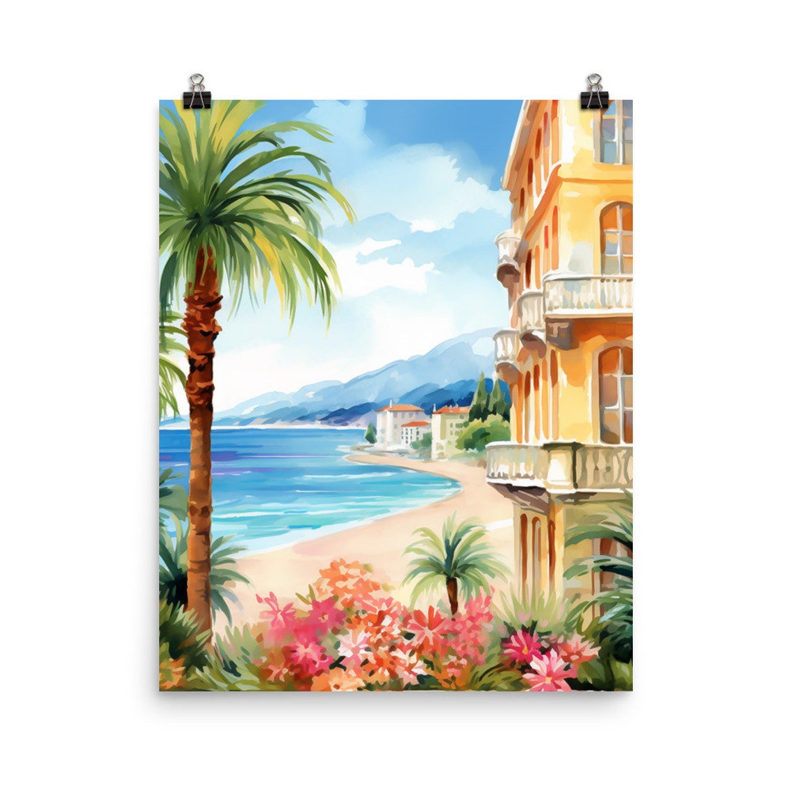 Nice Promenade Beach with Palms and Grand Hotel Building Poster