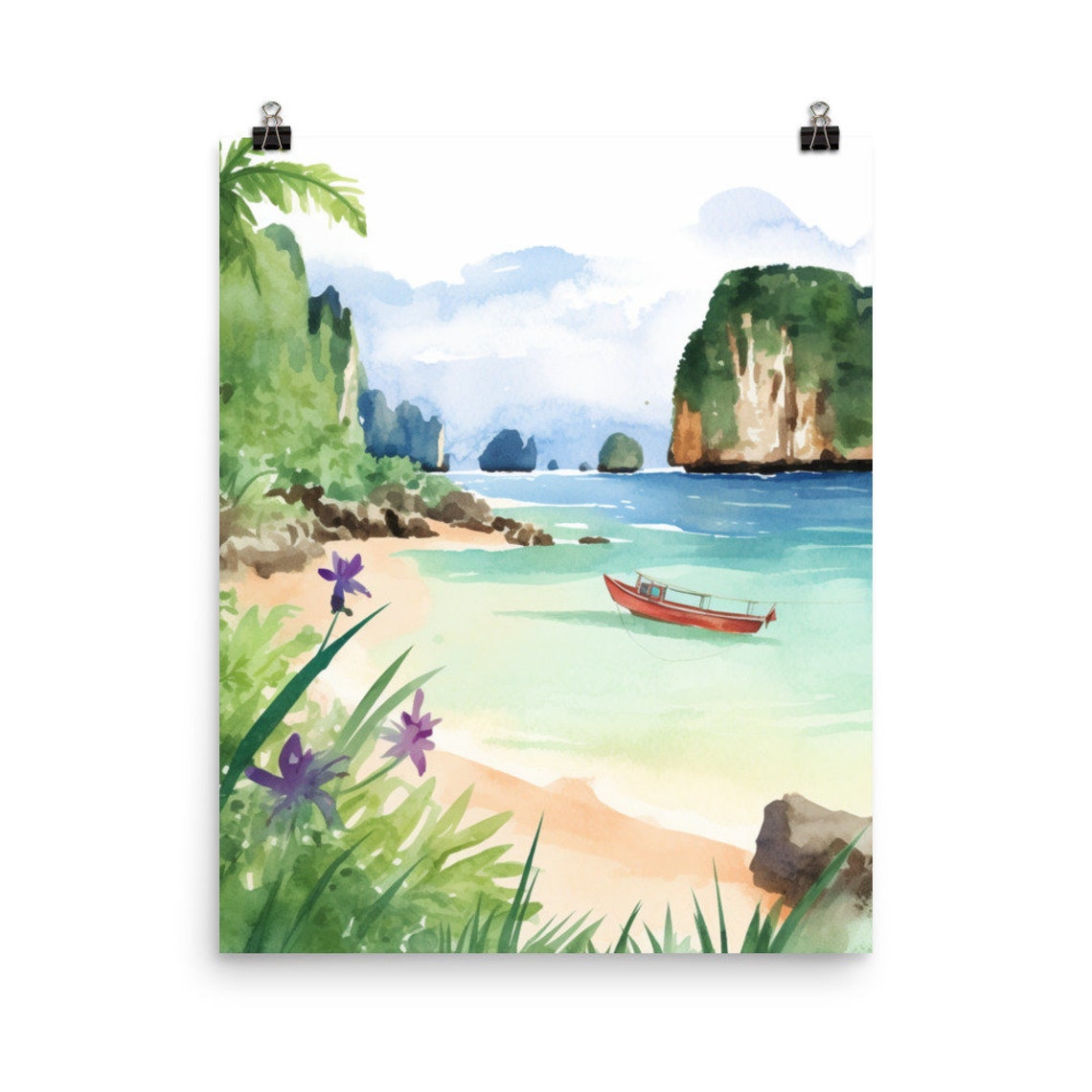 Phi Phi Islands Thailand Longtail Boat Lagoon Watercolor Poster