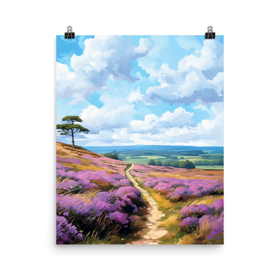 North York Moors Heather in Bloom Watercolor Landscape Poster