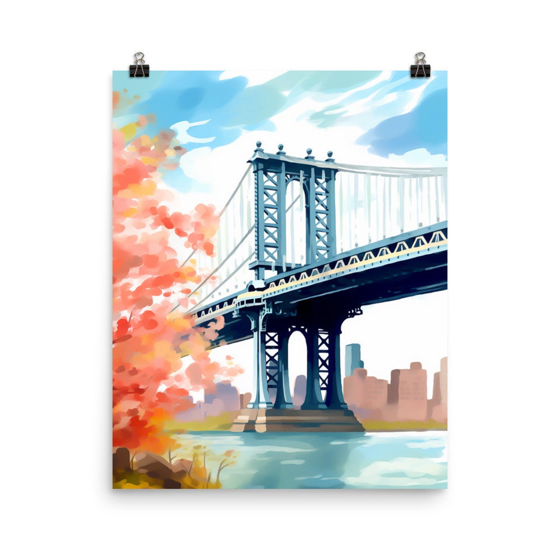 Manhattan Bridge Autumn Foliage Watercolor New York City Skyline Print