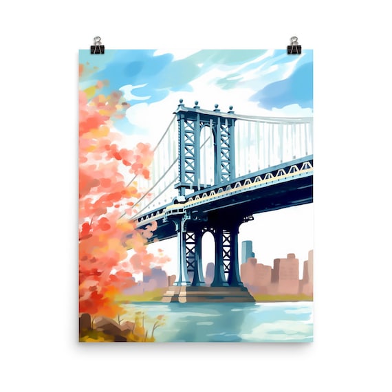 Manhattan Bridge Autumn Foliage Watercolor New York City Skyline Print