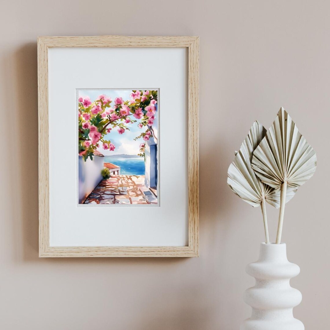 Andalusian Alleyway Bougainvillea Sea View Watercolor Poster - Image 2