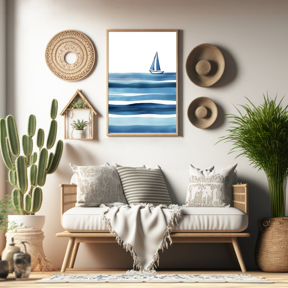 Minimalist Blue Sailboat Gliding on Layered Waves Ocean Art Poster - Image 2